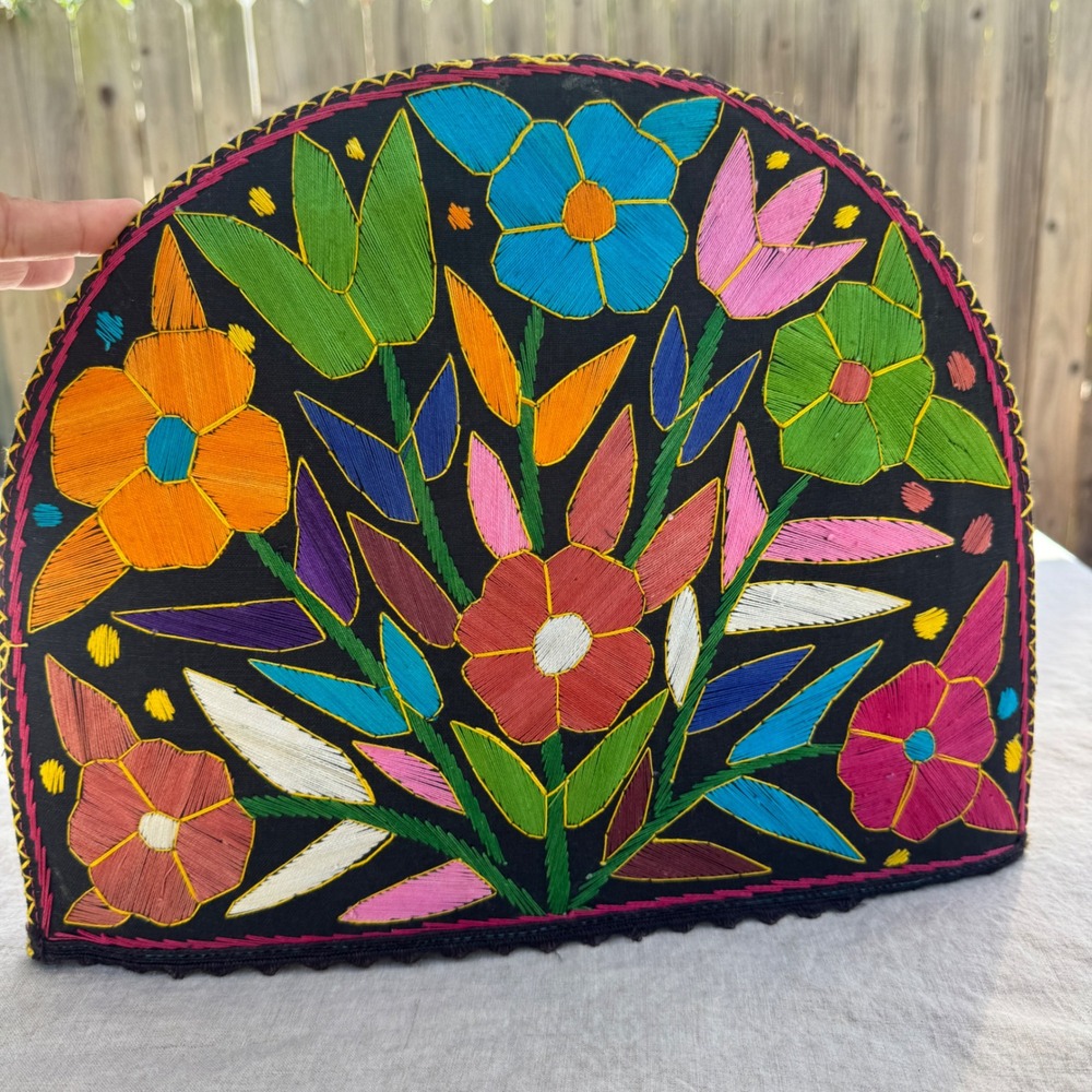 Vintage Pakistani Tea Pot Cozy Black Floral Embroidered Boho Folk Art Warmer
